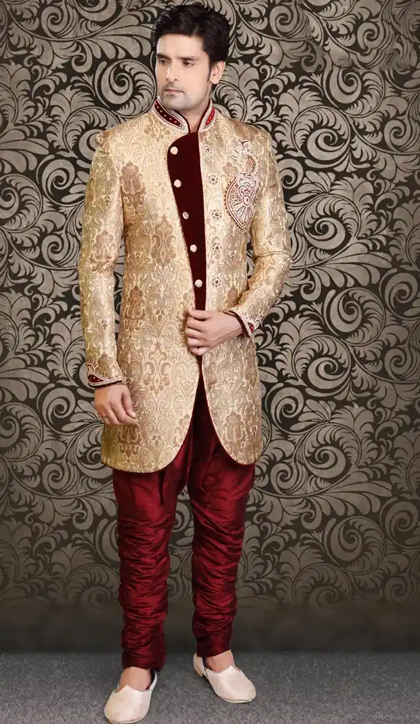 Beige Color Brocade Indo Western Menswear Suit | FH477973839