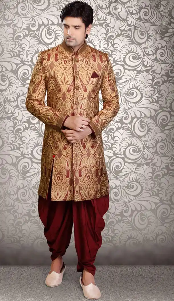 French Beige Color Brocade Indo Western Menswear Suit | FH477973848