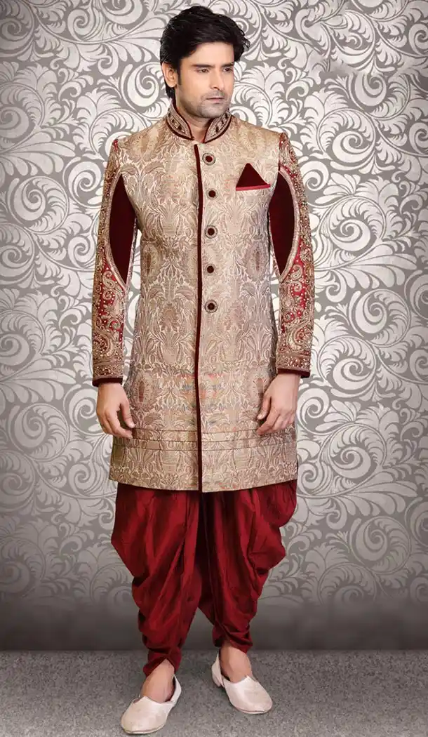Tan Brown Color Brocade Indo Western Menswear Suit | FH477973849