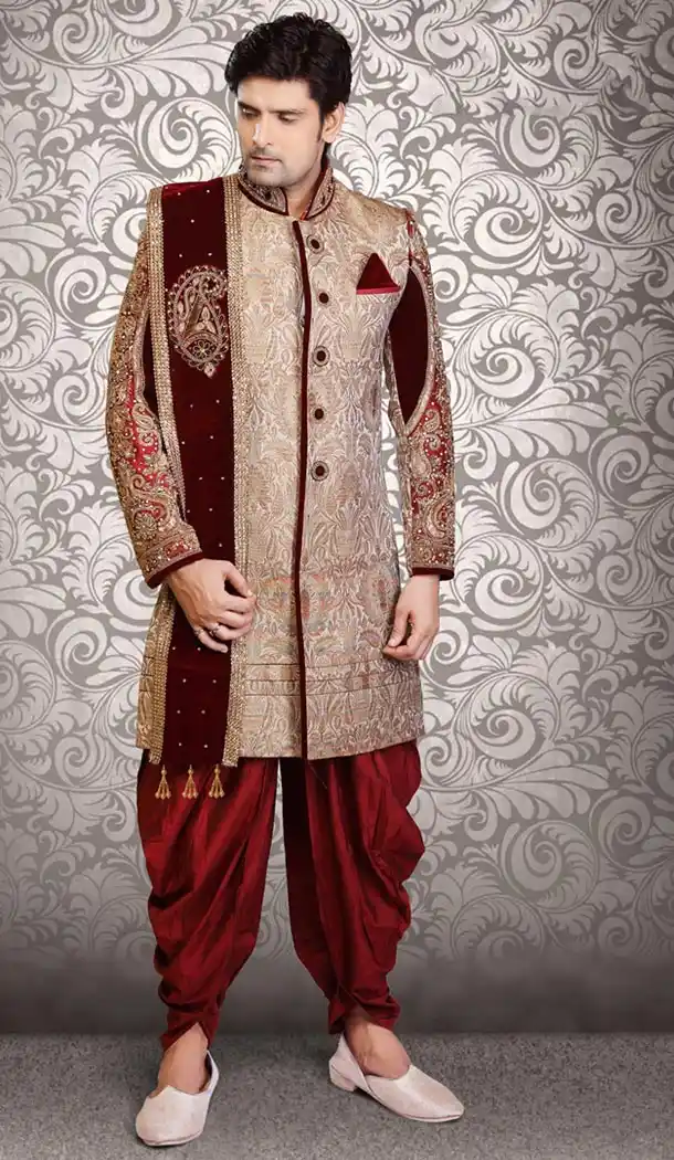 Tan Brown Color Brocade Indo Western Menswear Suit | FH477973850
