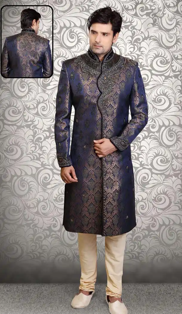 Navy Blue Color Brocade Designer Wedding Sherwani for Men | FH478073851