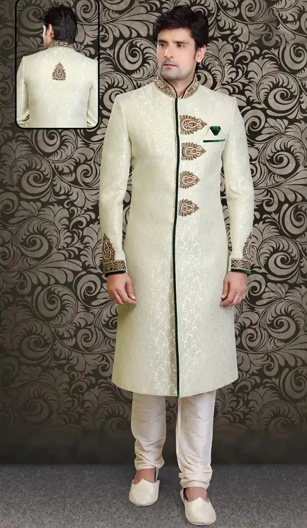 Green Color Brocade Designer Wedding Sherwani for Men | FH478073853