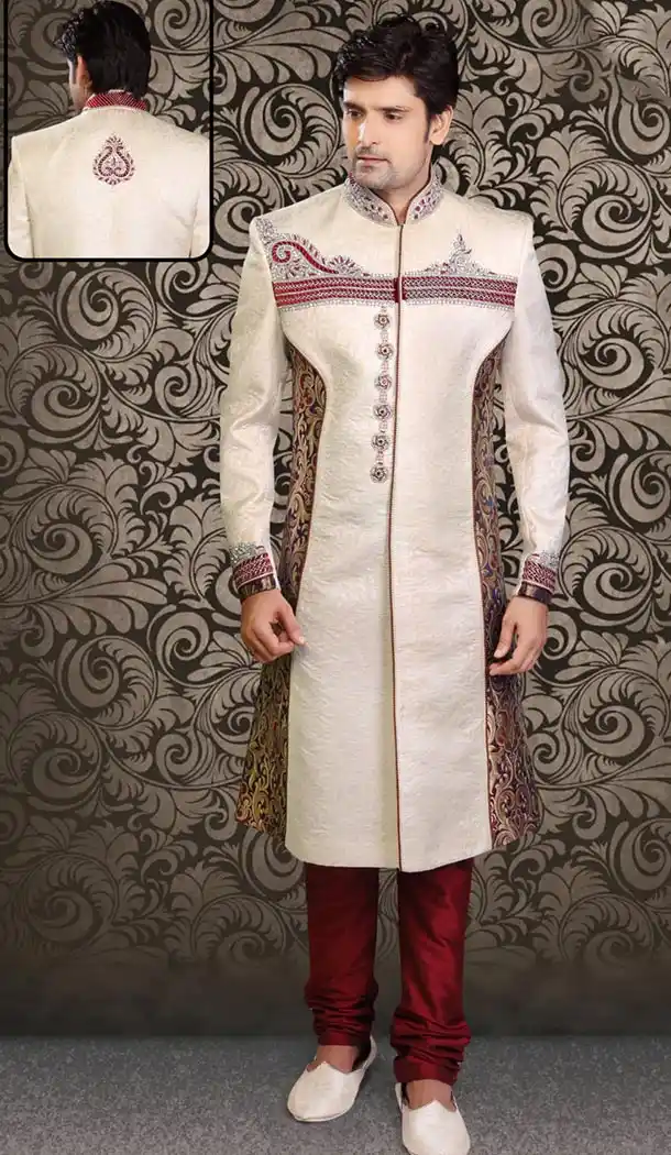 Cream Color Brocade Designer Wedding Sherwani for Men | FH478073854