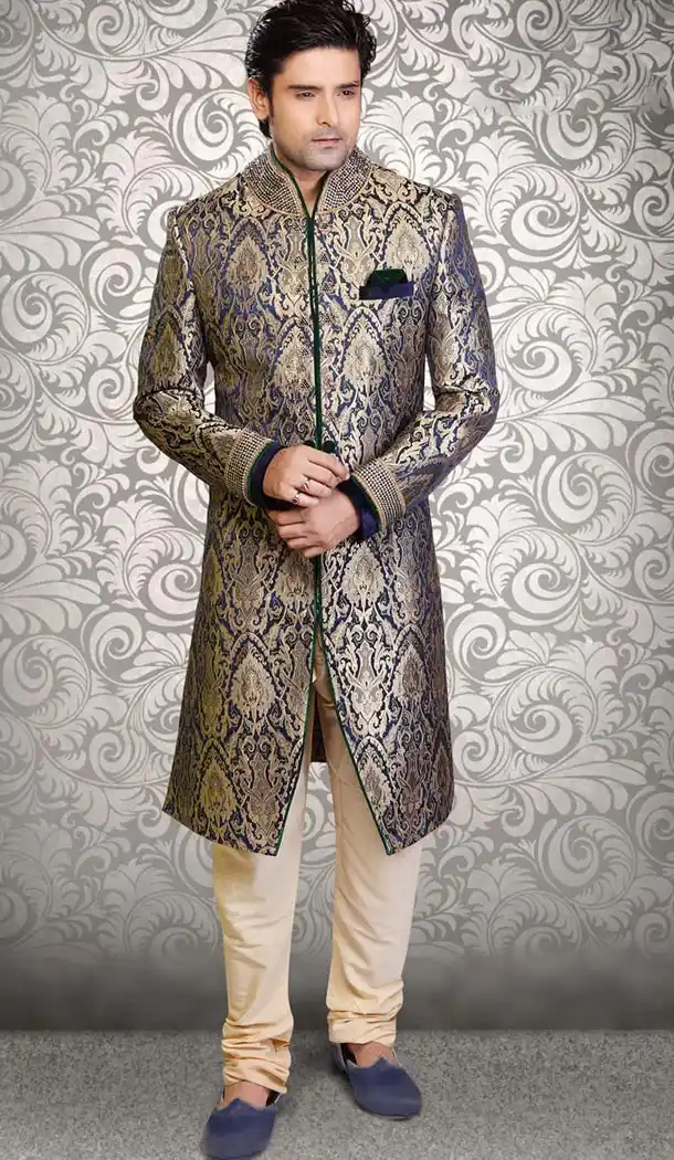 Blue Color Brocade Designer Wedding Sherwani for Men | FH478073855