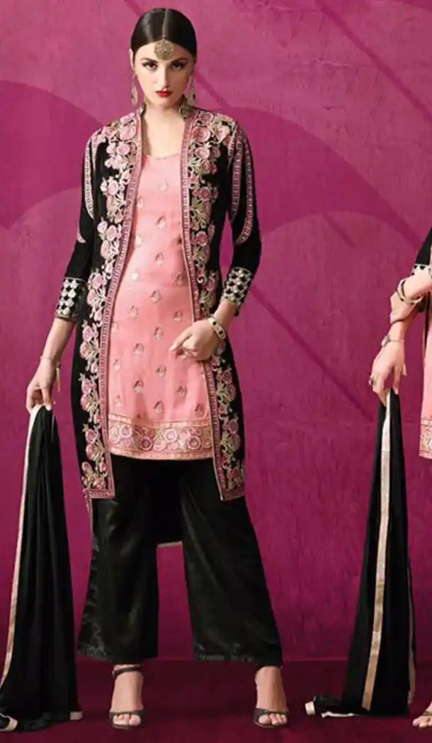 Pink Color Georgette Straight Cut Jaket with Palazzo Kameez | FH478573897