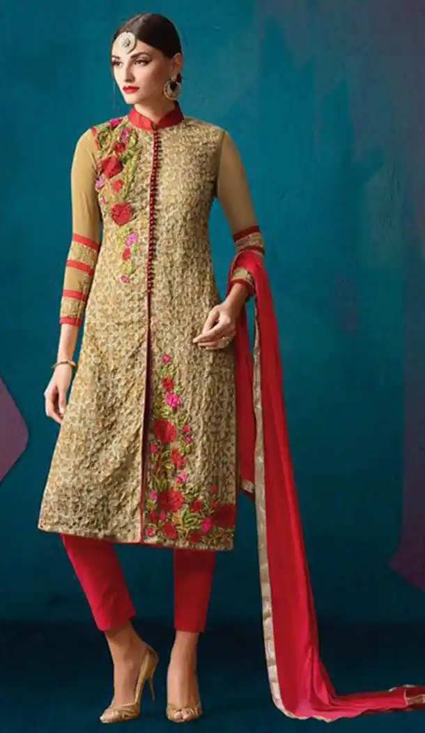 Brown Color Georgette Achkan Style Narrow Pants Kameez | FH478573898