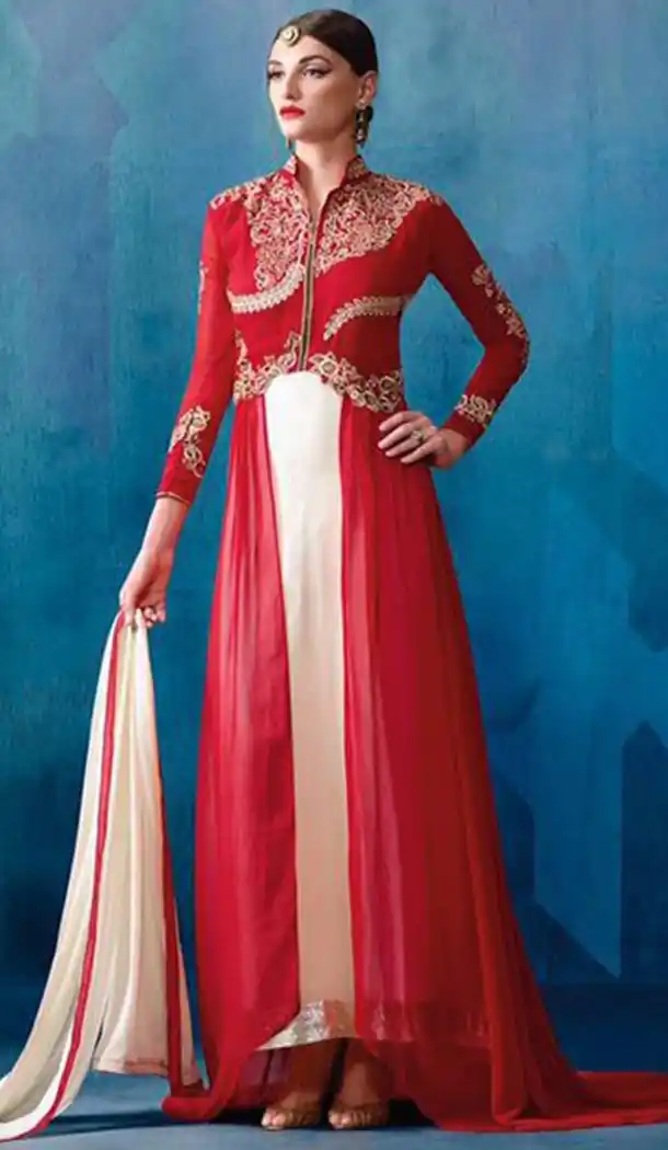 Red Color Georgette Anarkali Style Churidar Kameez | FH478573899