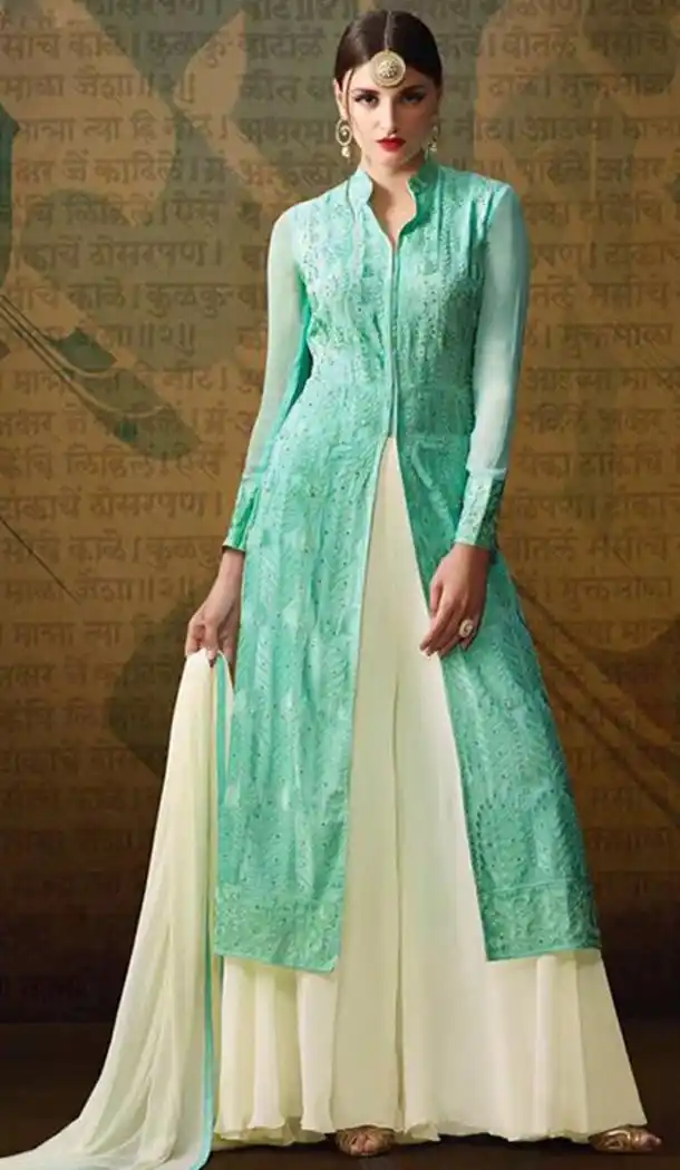 Turquoise Color Georgette Achkan Style Sharara Kameez | FH478573900