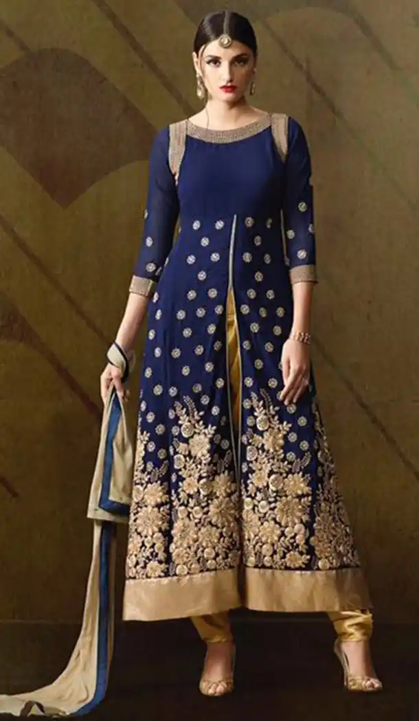 Blue Color Georgette Achkan Style Narrow Pants Kameez | FH478573901