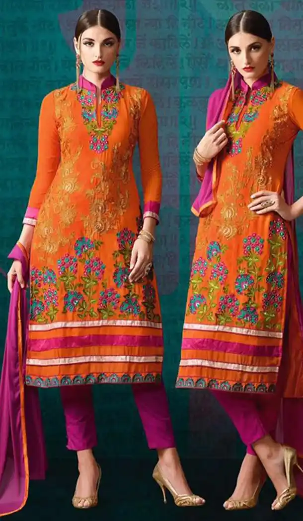Orange Color Georgette Straight Cut Style Narrow Pants Kameez | FH478573903