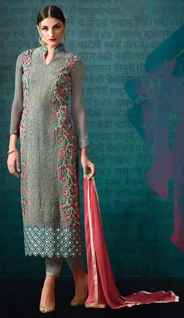 Grey Color Georgette Straight Cut Style Narrow Pants Kameez | FH478573904
