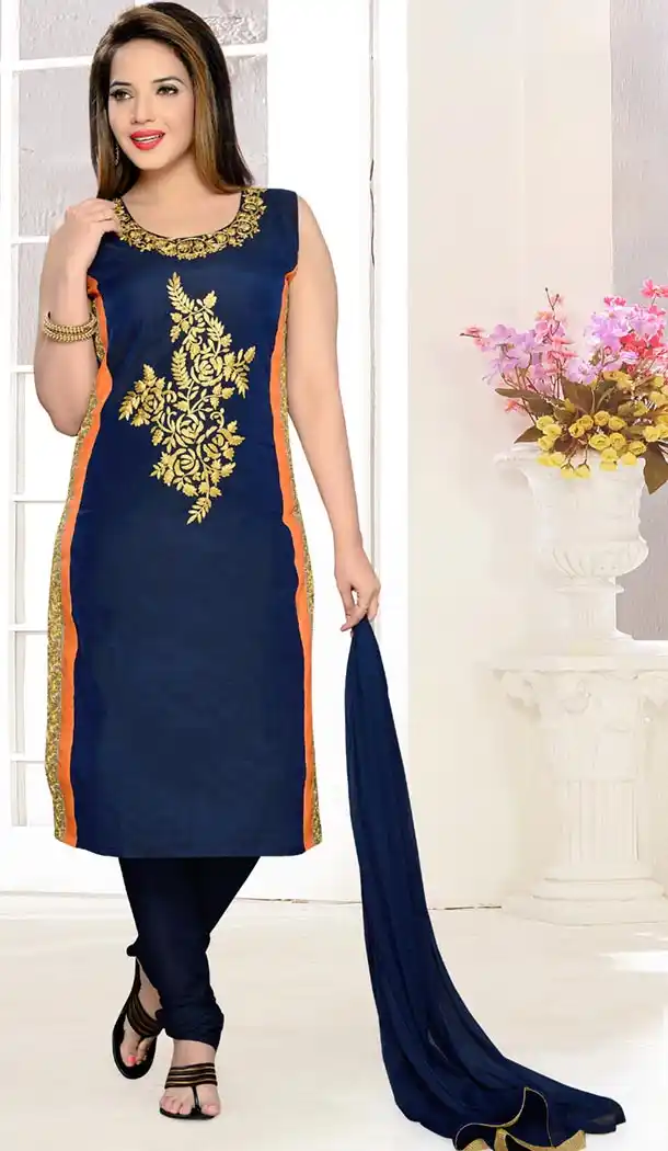 Navy Blue Color Art Silk Straight Cut Readymade Churidar Dress | FH478873940