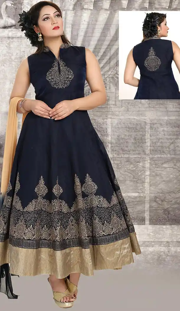 Navy Blue Color Art Silk Anarkali Readymade Churidar Dress | FH478873943