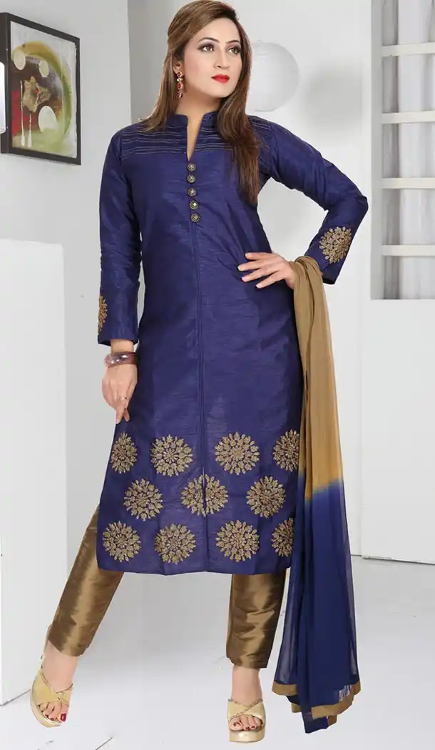 Navy Blue Color Art Silk Achkan Readymade Narrow Pants Dress | FH478873947