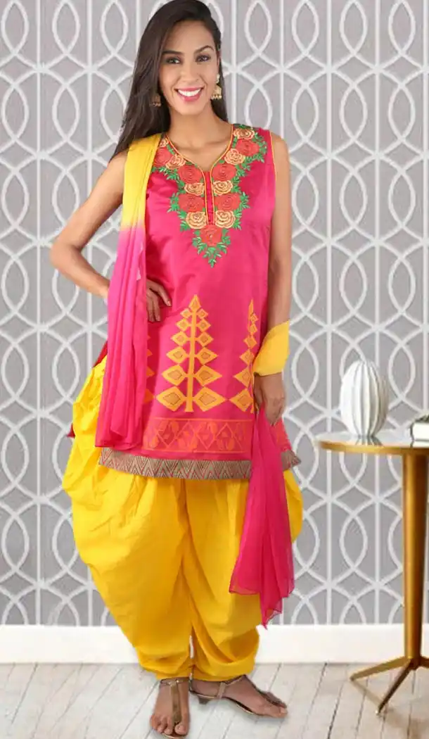 Deep Pink Color Art Silk Punjabi Style Readymade Patiyala Dress | FH478973950