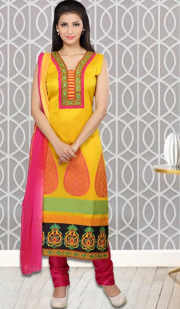 Yellow Color Art Silk Straight Cut Readymade Churidar Suit | FH478973955