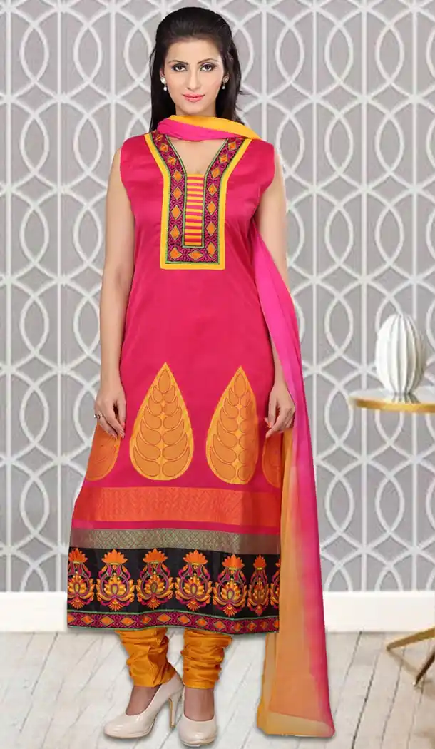 Deep Pink Color Art Silk Straight Cut Readymade Churidar Suit | FH478973956