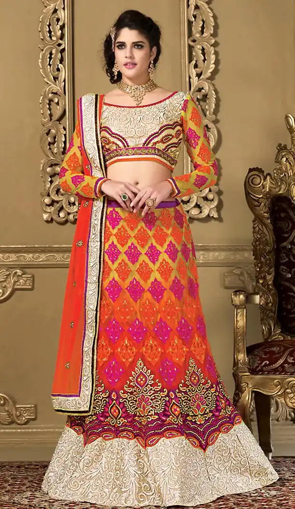 Deep Orange Color Net A Line Style Designer Lehenga Choli | FH479173978