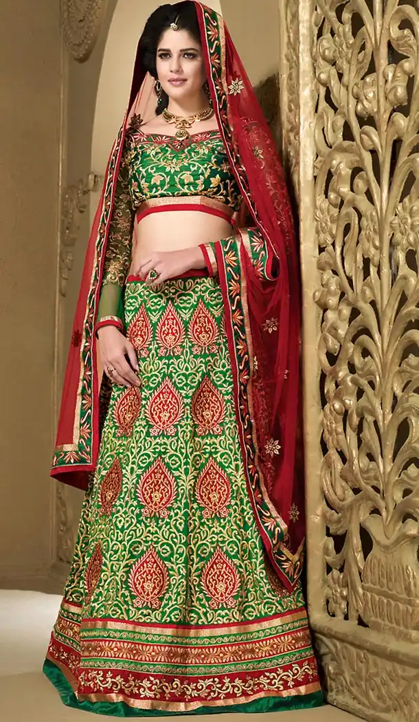 Sangeet Lehengas Online in Silk and Chrome Green Color A Line Style | FH479273995