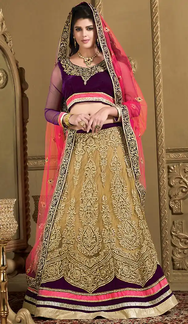 Sangeet Lehengas Online in Net and Tan Brown Color A Line Style | FH479274003