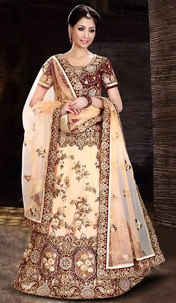 Dark Cream Color Net A Line Style Bridal Wear Lehenga Choli | FH479374011