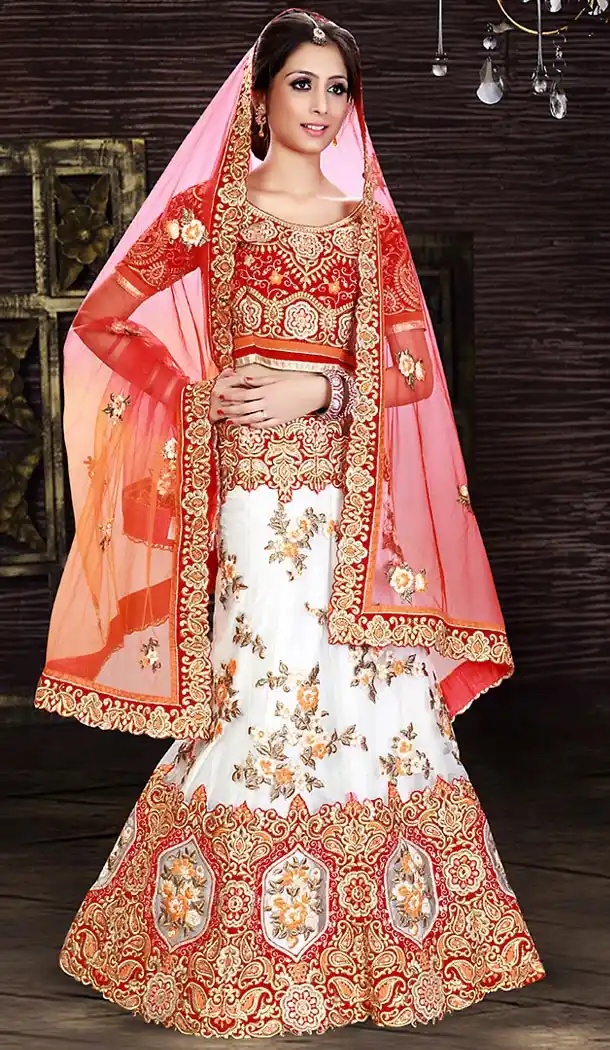 White Color Net A Line Style Bridal Wear Lehenga Choli | FH479374012