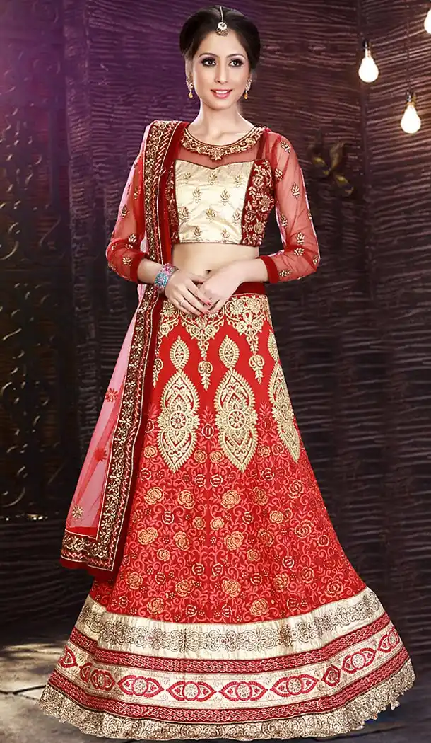Deep Scarlet Color Jacquard A Line Style Bridal Wear Lehenga Choli | FH479374015