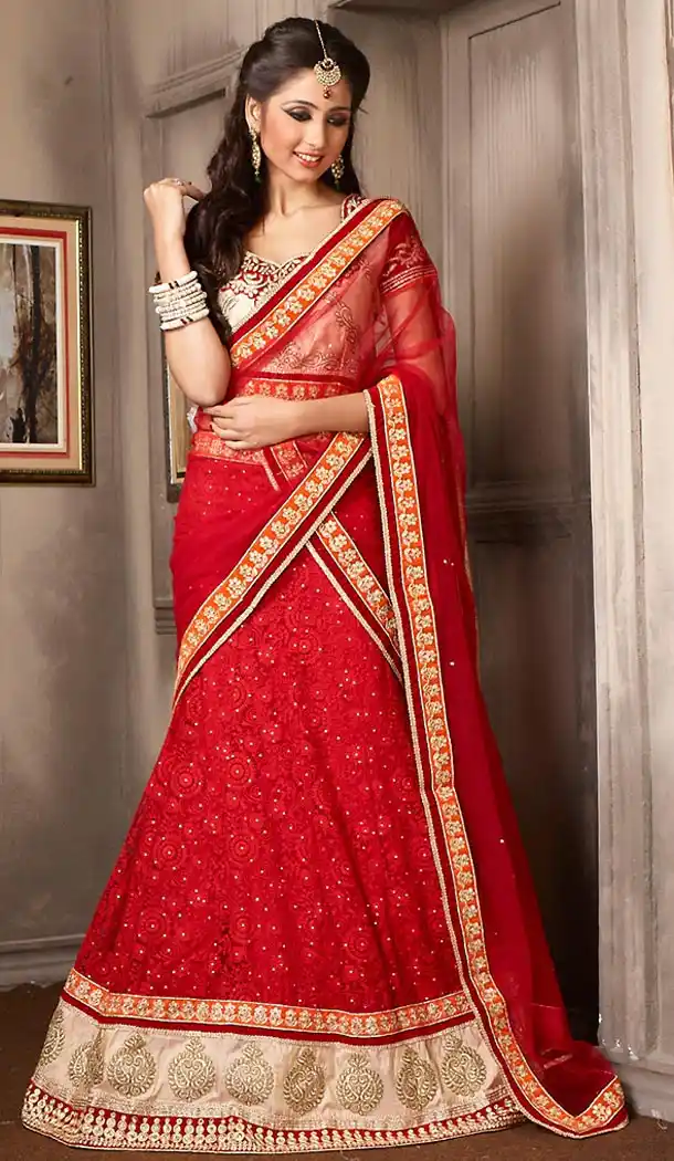 Deep Scarlet Color Net Designer Lehenga Choli | FH479474028