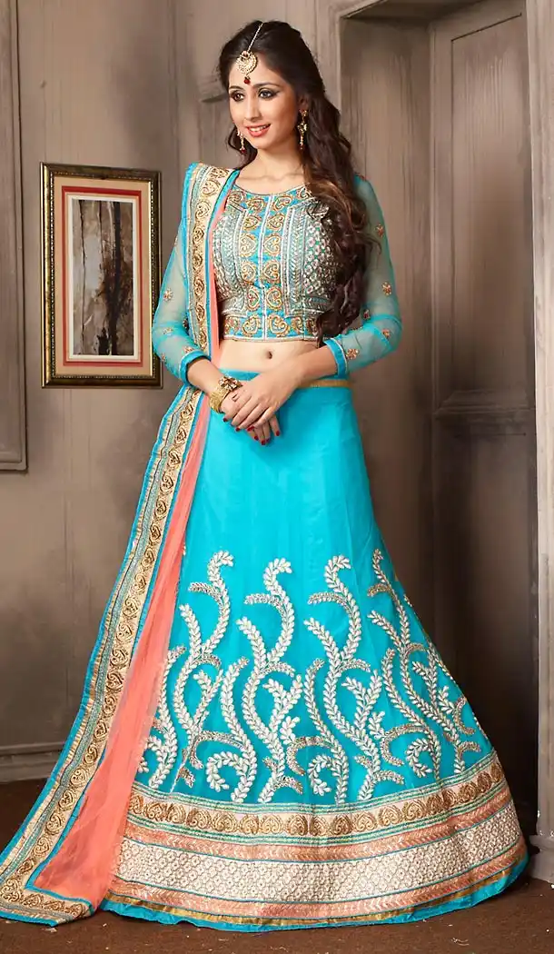 Sky Blue Color Net A Line Style Party Wear Lehenga Choli | FH479574049