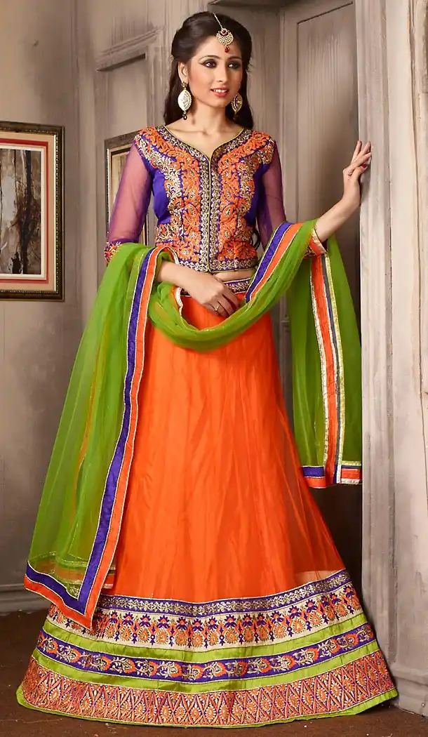 Deep Orange Color Net A Line Style Party Wear Lehenga Choli | FH479574053