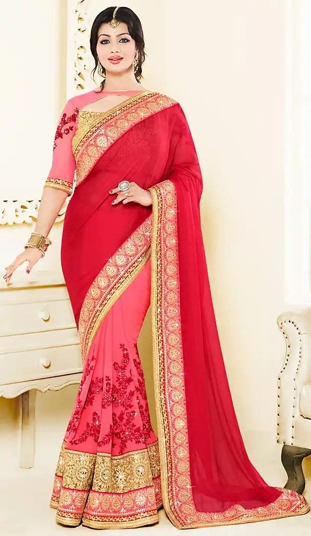 Celebrty Ayesha Takia in Deep Scarlet Color Chiffon Lehenga Style Saree | FH479974125