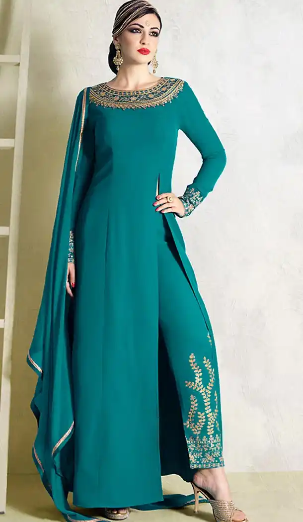 Teal Blue Color Georgette Achkan Style Salwar Kameez | FH480074100