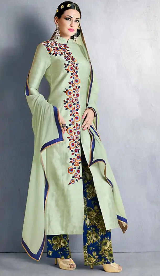 Aloe Vera Green Color Silk Achkan Style Salwar Kameez | FH480074111