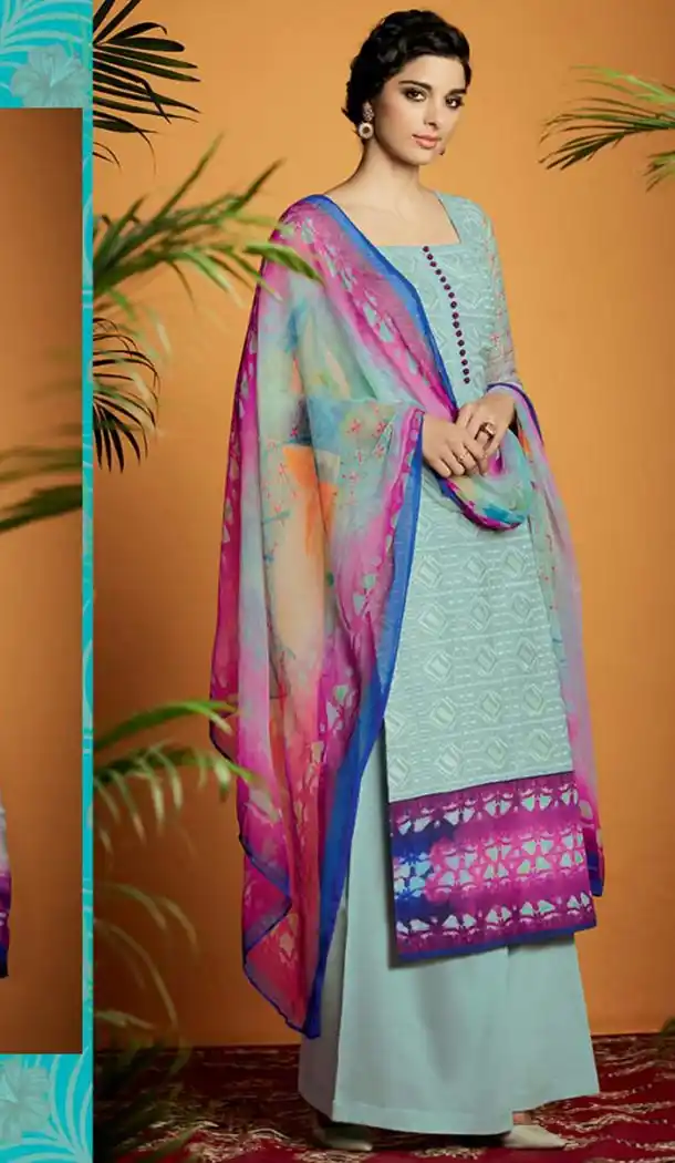 Light Turquoise Color Cotton Straight Cut Style Palazzo Kameez | FH480174113