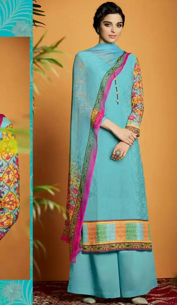 Teal Blue Color Cotton Straight Cut Style Palazzo Kameez | FH480174118