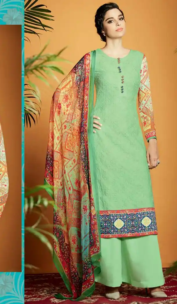 Mint Green Color Cotton Straight Cut Style Palazzo Kameez | FH480174122