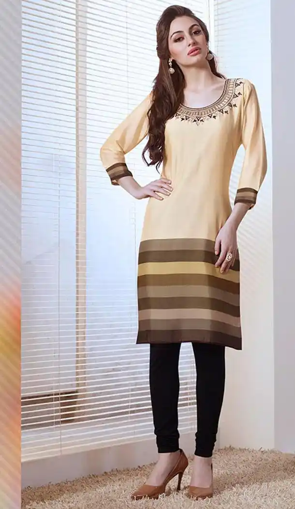 Georgette Fabric Beige Color Straight Readymade Kurti | FH480674184