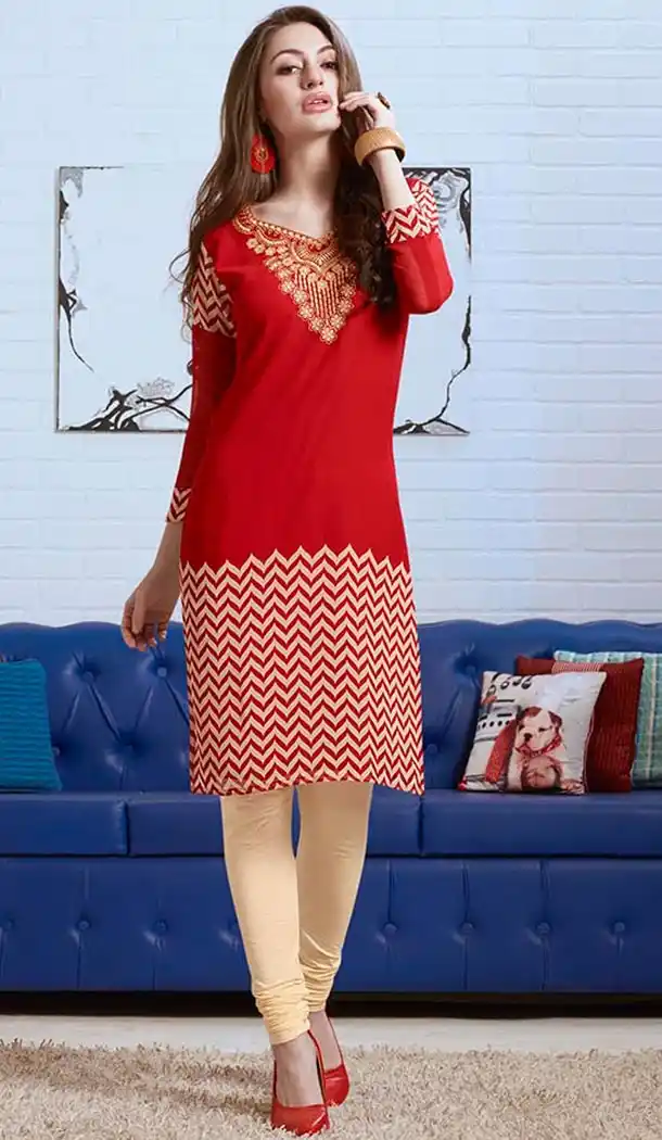 Georgette Fabric Deep Scarlet Color Straight Readymade Kurti | FH480674187
