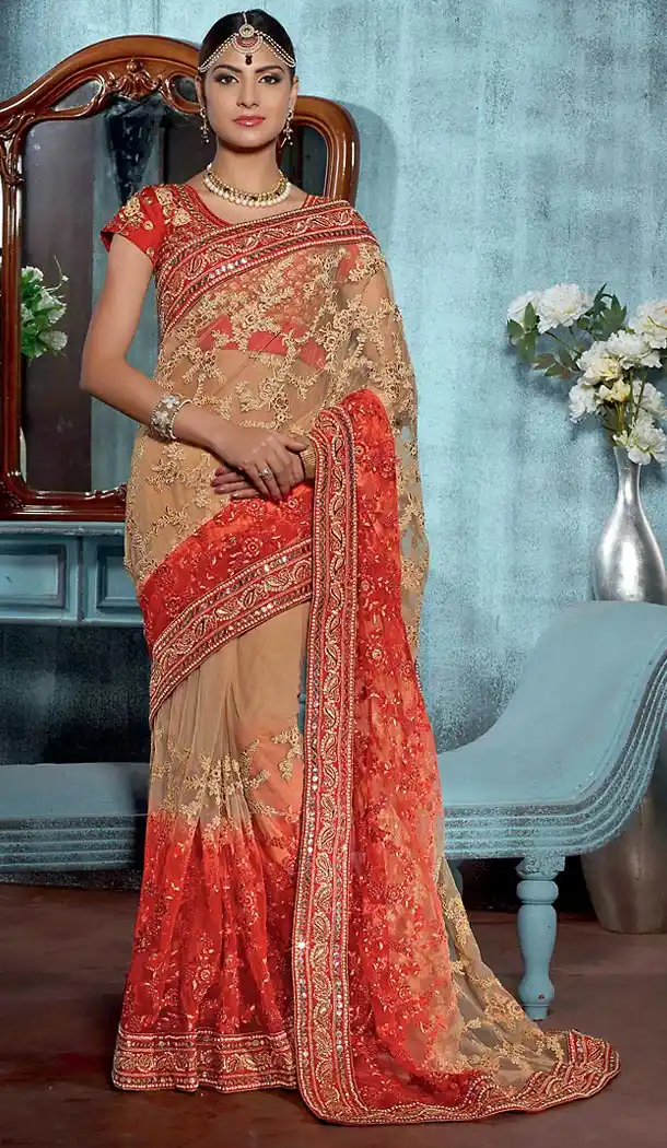 Tan Brown Color Net Wedding Ethnic Wear Saree Blouse | FH482474908