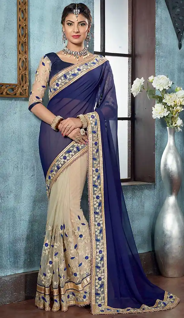 Navy Blue Color Georgette Traditional Ethnic Wear Saree Blouse | FH482474910