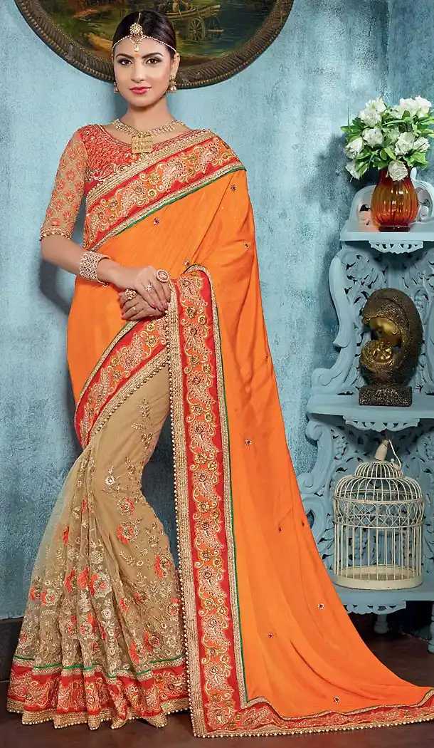 Deep Orange Color Georgette Traditional Ethnic Wear Saree Blouse | FH482474914