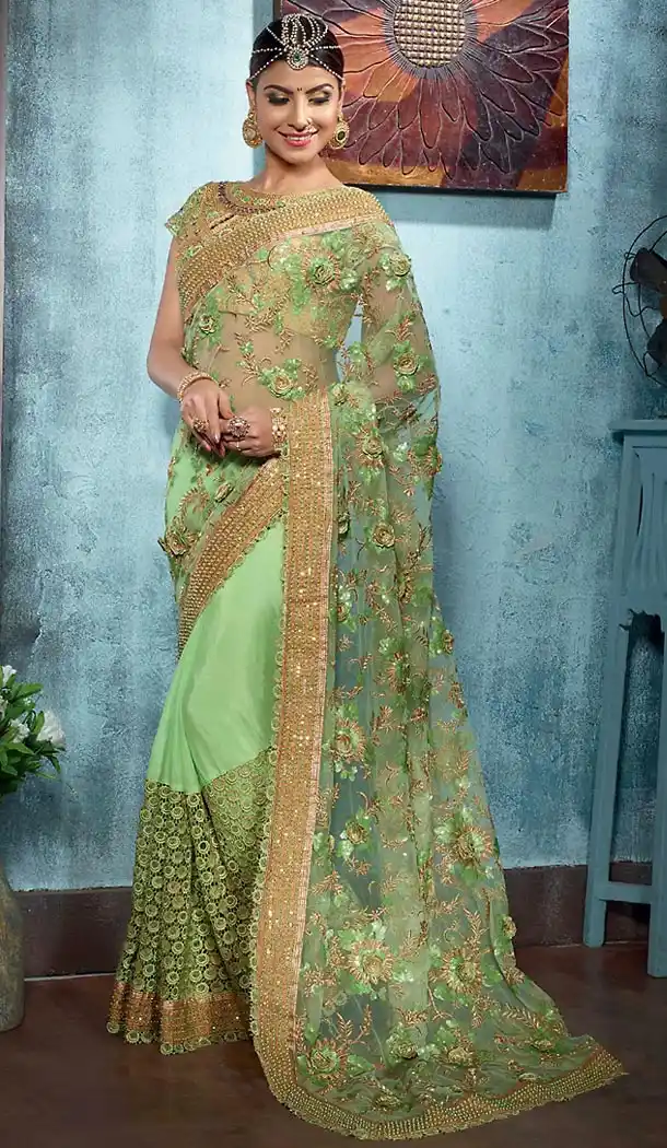 Mint Green Color Georgette Wedding Ethnic Wear Saree Blouse | FH482474919