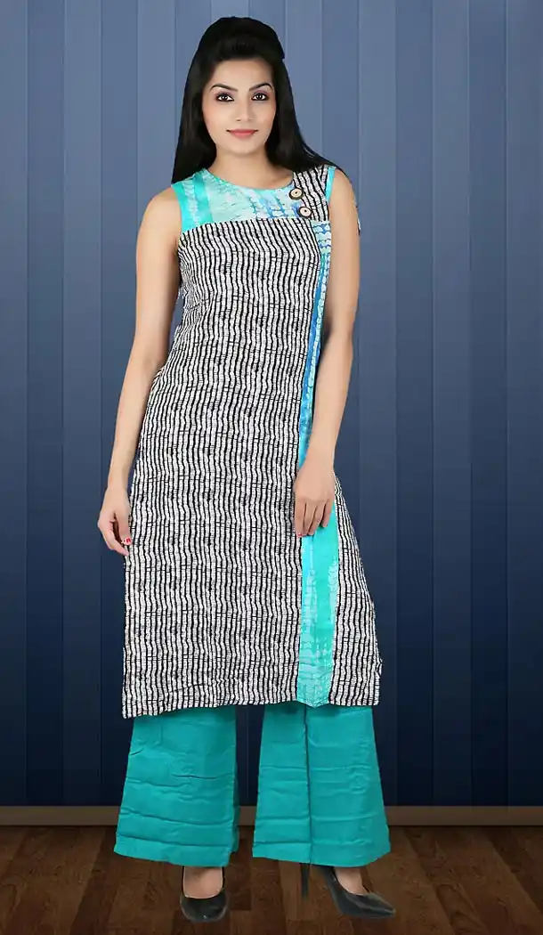 Turquoise Color Lycra Straight Cut Readymade Kurti | FH482774406