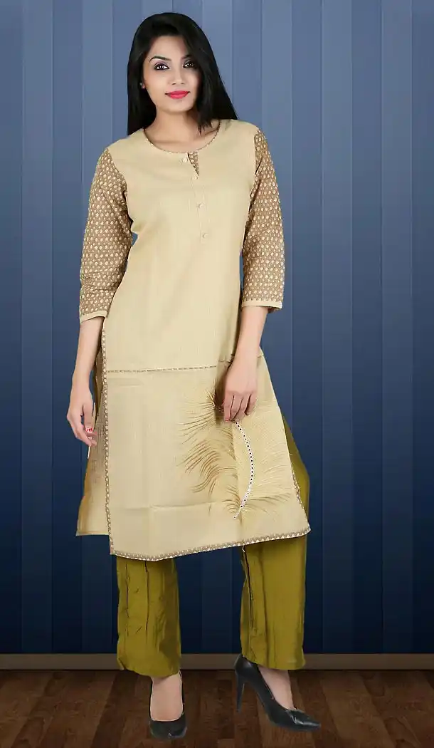 Tan Brown Color Cotton Straight Style Readymade Kurti | FH482774411