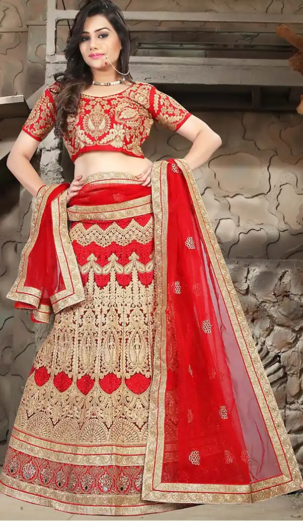 Red Color Net A Line Style Traditional Lehenga | FH483274493