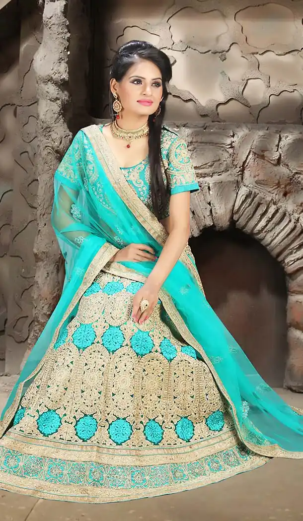 Turquoise Color Net A Line Style Traditional Lehenga | FH483274495