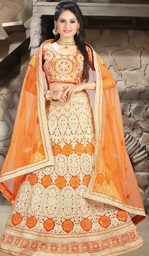 Orange Color Net A Line Style Traditional Lehenga | FH483274496