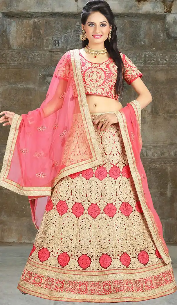 Salmon Color Net A Line Style Traditional Lehenga | FH483274497