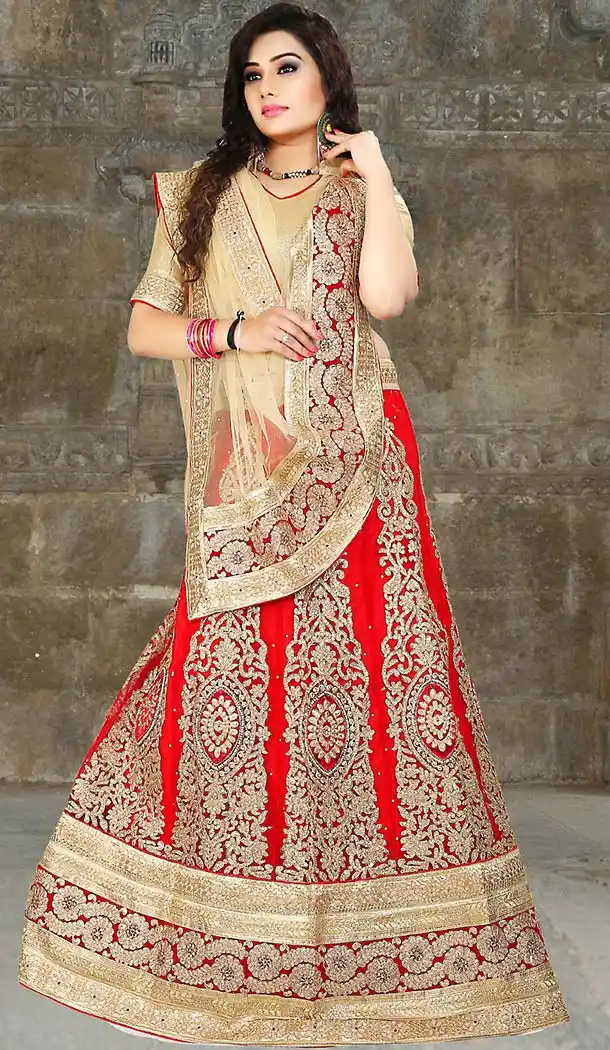 Red Color Net A Line Style Traditional Lehenga | FH483274498