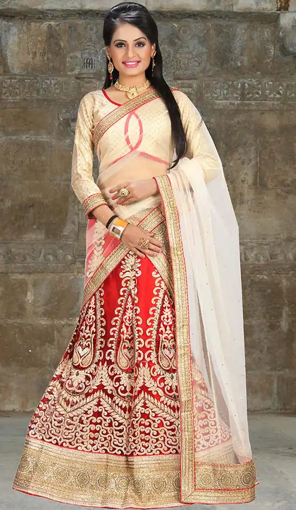 Red Color Net A Line Style Traditional Lehenga | FH483274502